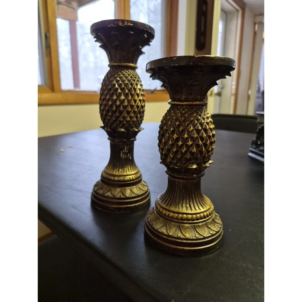 Vintage Style Bronze Pineapple Candle‎ Holder Set of 2 Graduated Heights 10